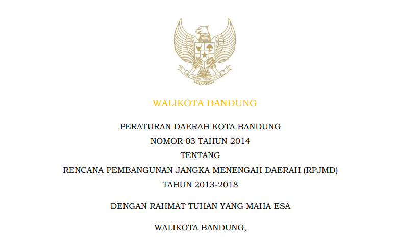 Cover Peraturan Daerah Kota Bandung Nomor 3 Tahun 2014 tentang Rencana Pembangunan Jangka Menengah Daerah Tahun 2013 - 2018