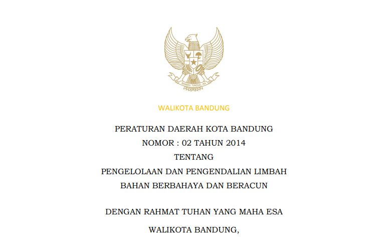 Cover Peraturan Daerah Kota Bandung Nomor 2 Tahun 2014 tentang Pengelolaan dan Pengendalian Limbah Bahan Berbahaya dan Beracun