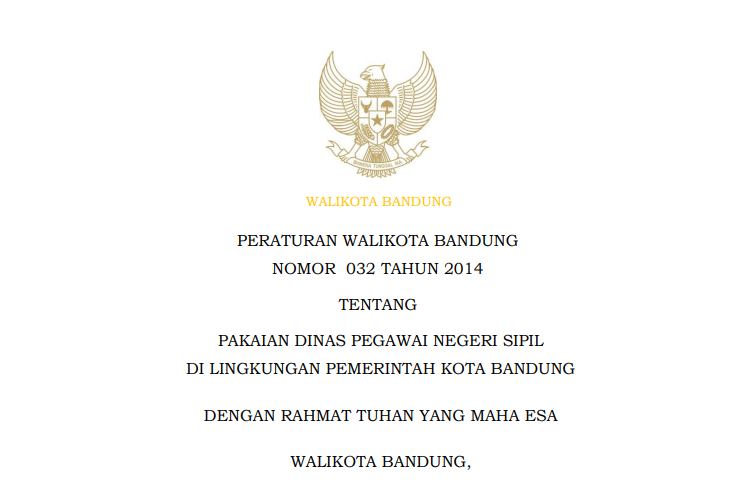 Cover Peraturan Wali Kota Bandung Nomor 032 Tahun 2014 tentang Pakaian Dinas Pegawai Negeri Sipil di Lingkungan Pemerintah Kota Bandung