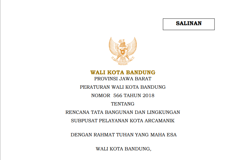 Cover Peraturan Wali Kota Bandung Nomor 566 Tahun 2018 tentang Rencana Tata Bangunan dan Lingkungan Subpusat Pelayanan Kota Arcamanik