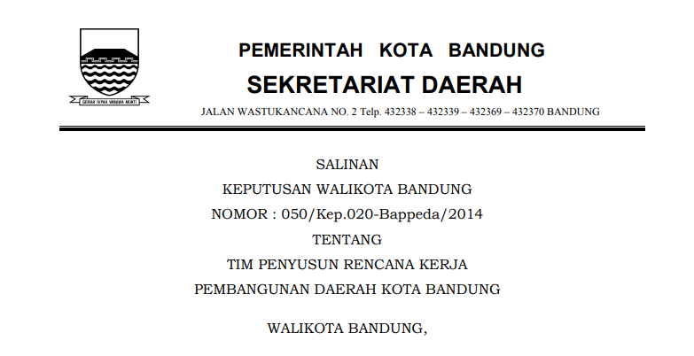 Cover Keputusan Wali Kota Bandung Nomor 050/Kep.020-Bappeda/2014 tentang Tim Penyusun Rencana Kerja Pembangunan Daerah Kota Bandung