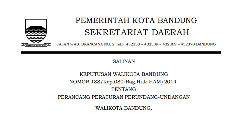 Cover Keputusan Wali Kota Bandung Nomor 188/Kep.080-Bag.Huk-HAM/2014 tentang Perancang Peraturan Perundang-Undangan