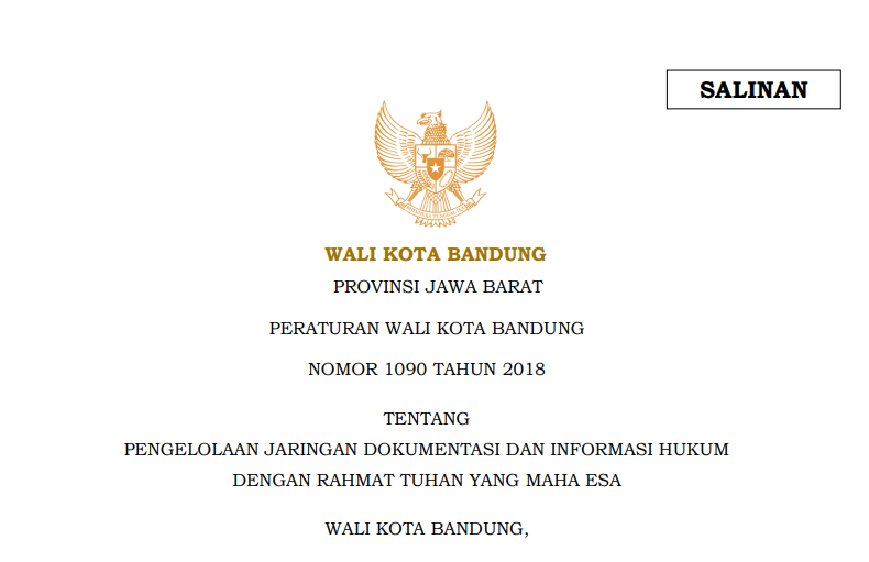 Cover Peraturan Wali Kota Bandung Nomor 1090 Tahun 2018 tentang Pengelolaan Jaringan Dokumentasi dan Informasi Hukum