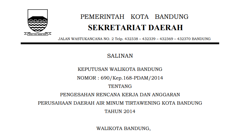 Cover Keputusan Wali Kota Bandung Nomor 690/Kep.168-PDAM/2014 tentang Pengesahan Rencana Kerja dan Anggaran Perusahaan Daerah Air Minum Tirtawening Kota Bandung Tahun 2014