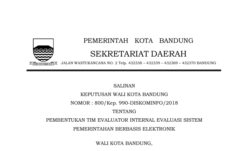 Cover Keputusan Wali Kota Bandung Nomor 800/Kep. 990-DISKOMINFO/2018  tentang Pembentukan Tim Evaluator Internal Evaluasi Sistem Pemerintahan Berbasis Elektronik