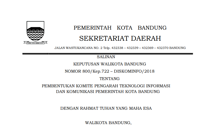 Cover Keputusan Wali Kota Bandung Nomor 800/Kep.722 - DISKOMINFO/2018 tentang Pembentukan Komite Pengarah Teknologi Informasi dan Komunikasi Pemerintah Kota Bandung