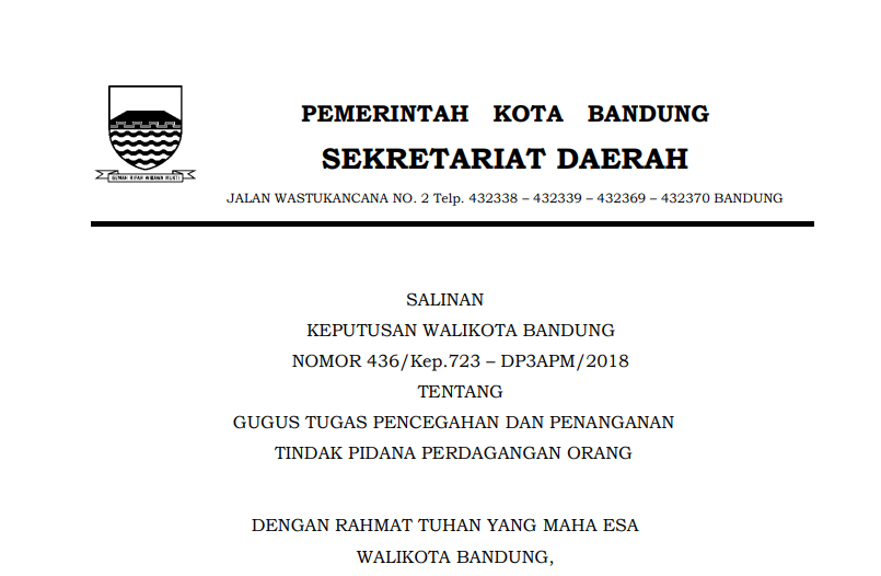 Cover Keputusan Wali Kota Bandung Nomor 436/Kep.723 - DP3APM/2018 tentang Gugus Tugas Pencegahan dan Penanganan  Tindak Pidana Perdagangan Orang