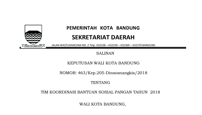 Cover Keputusan Wali Kota Bandung Nomor 63/Kep.205-Dinsosnangkis/2018 tentang Tim Koordinasi Bantuan Sosial Pangan Tahun 2018