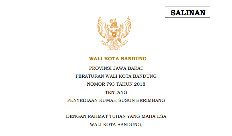 Cover Peraturan Wali Kota Bandung Nomor 793 Tahun 2018 tentang Penyediaan Rumah Susun Berimbang