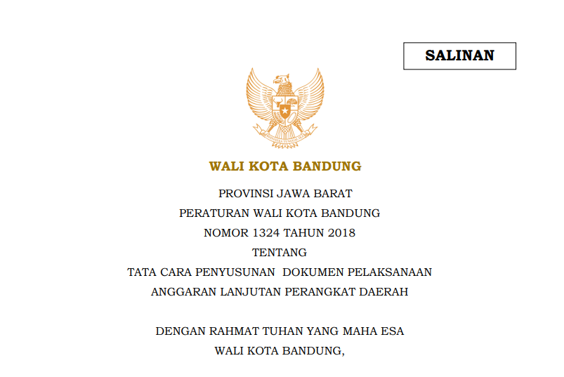 Cover Peraturan Wali Kota Bandung Nomor 1324 Tahun 2018 tentang Tata Cara Penyusunan Dokumen Pelaksanaan Anggaran Lanjutan Perangkat Daerah