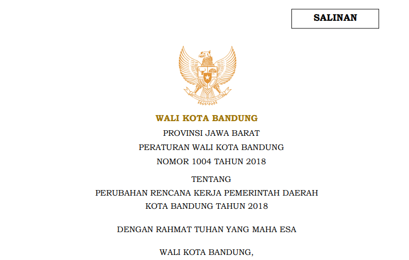 Cover Peraturan Wali Kota Bandung Nomor 1004 Tahun 2018 tentang Perubahan Rencana Kerja Pemerintah Daerah Kota Bandung Tahun 2018