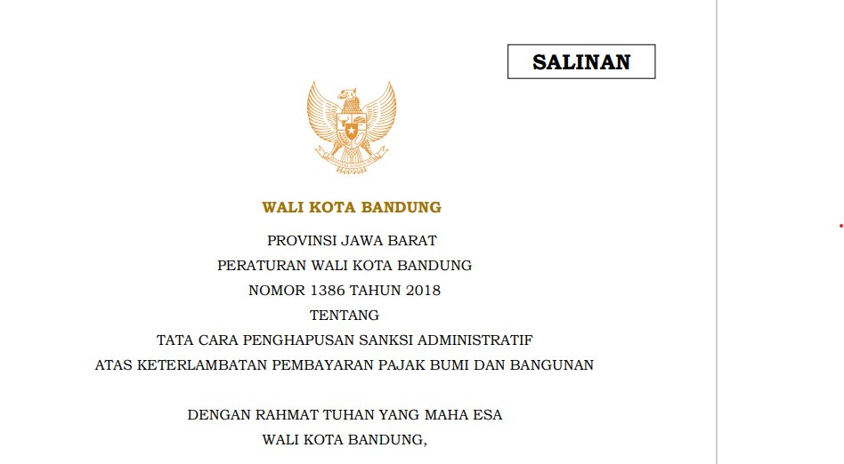 Cover Peraturan Wali Kota Bandung Nomor 1386 Tahun 2018 tentang Tata Cara Penghapusan Sanksi Administratif Atas Keterlambatan Pembayaran Pajak Bumi dan Bangunan