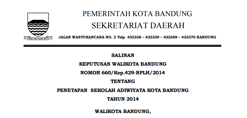 Cover Keputusan Wali Kota Bandung Nomor 660/Kep.429-BPLH/2014 tentang Penetapan Sekolah Adiwiyata Kota Bandung