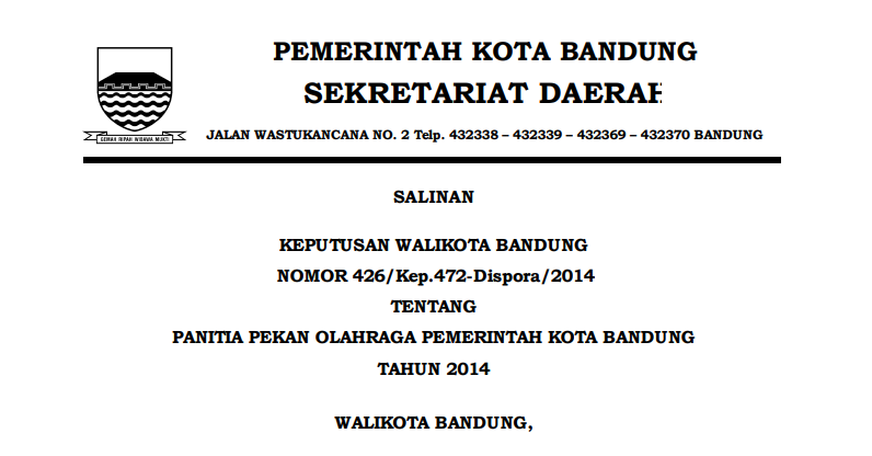 Cover Keputusan Wali Kota Bandung Nomor 426/Kep.472-Dispora/2014 tentang Panitia Pekan Olahraga Pemerintah Kota Bandung Tahun 2014