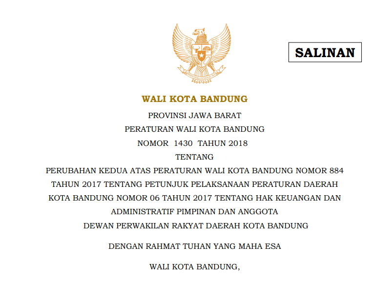 Cover Peraturan Wali Kota Bandung Nomor 1430 Tahun 208 tentang Perubahan Kedua Atas Peraturan Wali Kota Bandung Nomor 884 Tahun  2017 tentang Petunjuk Pelaksanaan Peraturan Daerah Kota Bandung Nomor 06 Tahun 2017 tentang Hak Keuangan dan Administratif Pimpinan dan Anggota Dewan Perwakilan Rakyat Daerah Kota Bandung