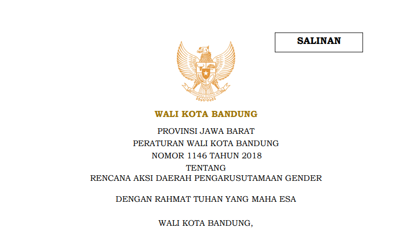 Cover Peraturan Wali Kota Bandung Nomor 1146 Tahun 2018 tentang Rencana Aksi Daerah Pengarusutamaan Gender