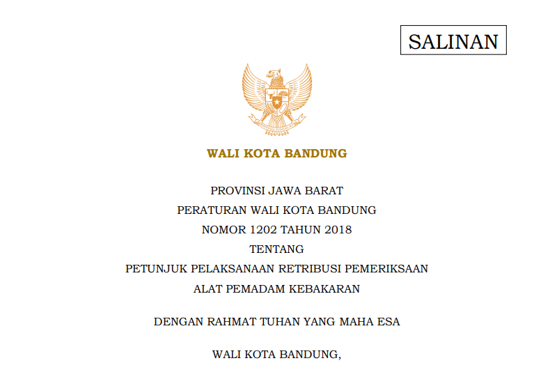 Cover Peraturan Wali Kota Bandung Nomor 1202 tahun 2018 tentang Petunjuk Pelaksanaan Retribusi Pemeriksaan Alat Pemadam Kebakaran