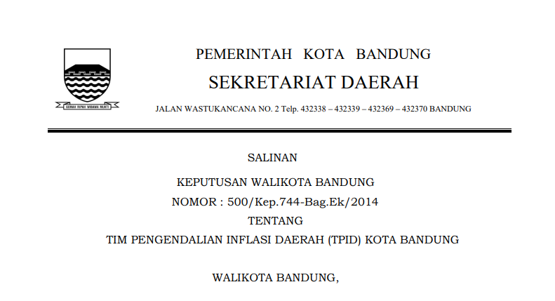 Cover Keputusan Wali Kota Bandung Nomor 500/Kep.744-Bag.Ek/2014 tentang Tim Pengendalian Inflasi Daerah (TPID) Kota Bandung