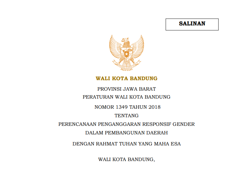 Cover Peraturan Wali Kota Bandung Nomor 1349 Tahun 208 tentang  Perencanaan Penganggaran Responsif Gender dalam Pembangunan Daerah