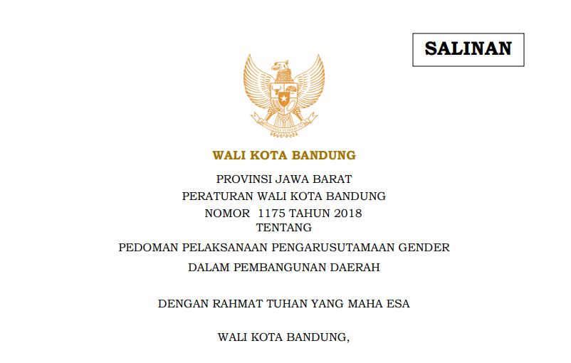 Cover Peraturan Wali Kota Bandung Nomor 1175 Tahun 2018 tentang Pedoman Pelaksanaan Pengarustamaan Gender dalam Pembangunan Daerah