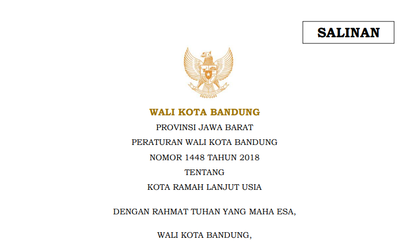 Cover Peraturan Wali Kota Bandung Nomor 1448 Tahun 2018 tentang Bandung Kota Ramah Lanjut Usia