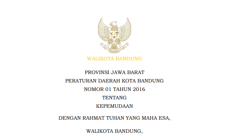 Cover Peraturan Daerah Kota Bandung Nomor 1 Tahun 2016 tentang Kepemudaan