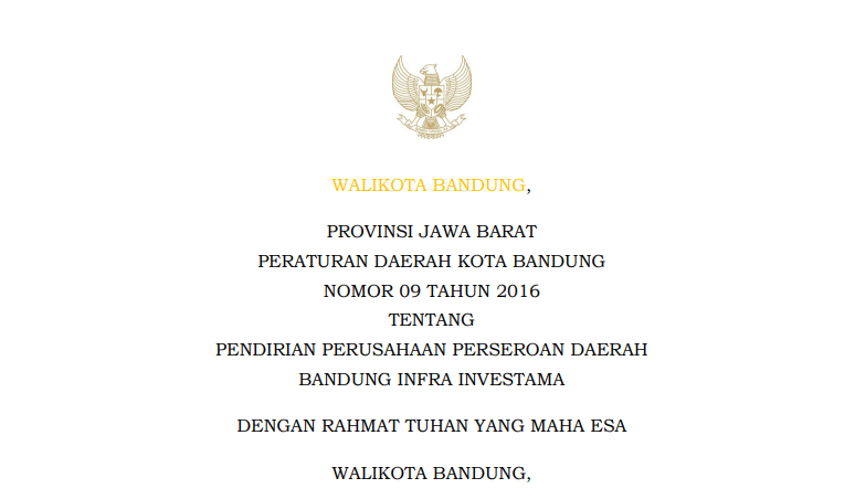 Cover Peraturan Daerah Kota Bandung Nomor 9 Tahun 2016 tentang Pendirian Perusahaan Perseroan Daerah Bandung Infra Investama