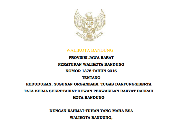 Cover Peraturan Wali Kota Bandung Nomor 1378 Tahun 2016 tentang Kedudukan, Susunan Organisasi, Tugas dan Fungsi Serta Tata Kerja Sekretariat Dewan Perwakilan Rakyat Daerah Kota Bandung