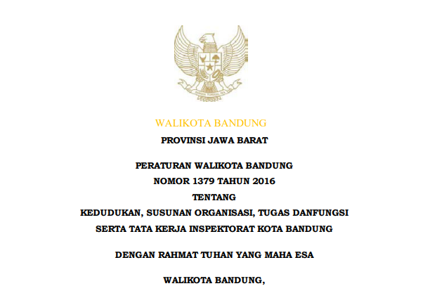 Cover Peraturan Wali Kota Bandung Nomor 1379 Tahun 2016 tentang Kedudukan, Susunan Organisasi, Tugas dan Fungsi Serta Tata Kerja Inspektorat Kota Bandung