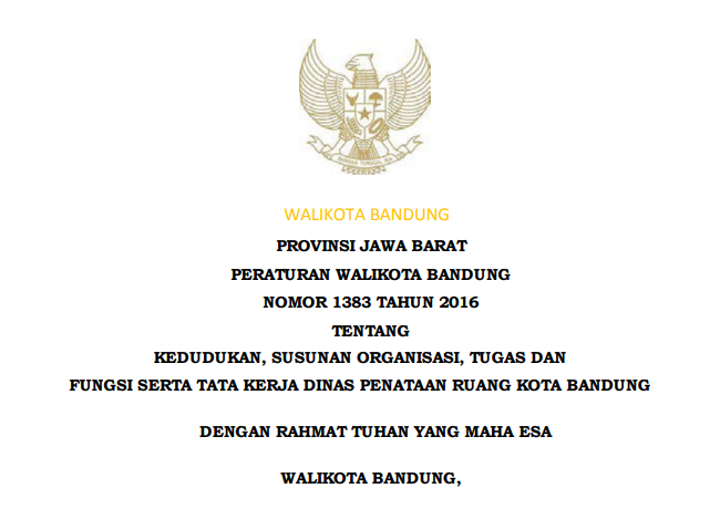 Cover Peraturan Wali Kota Bandung Nomor 1383 Tahun 2016 tentang Kedudukan, Susunan Organisasi, Tugas dan Pungsi Serta Tata Kerja Dinas Penataan Ruang Kota Bandung