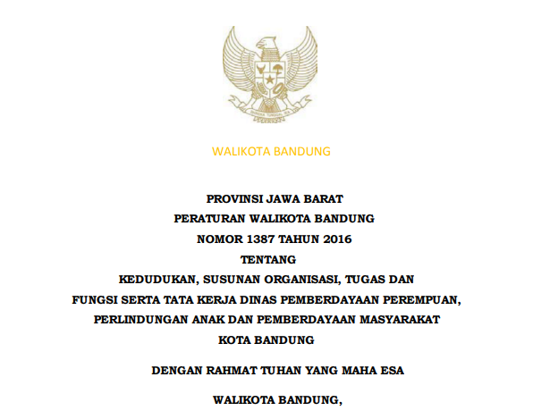 Cover Peraturan Wali Kota Bandung Nomor 1388 Tahun 2016 tentang Kedudukan, Susunan Organisasi, Tugas dan Fungsi serta Tata Kerja Dinas Pengendalian Penduduk dan Keluarga Berencana Kota Bandung