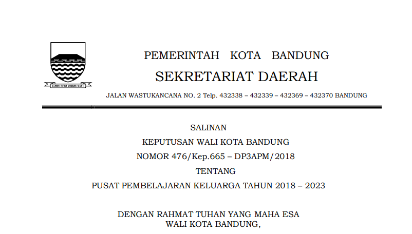 Cover Keputusan Wali Kota Bandung Nomor  476/Kep.665 - DP3APM/2018 tentang Pusat Pembelajaran Keluarga Tahun 2018  2023