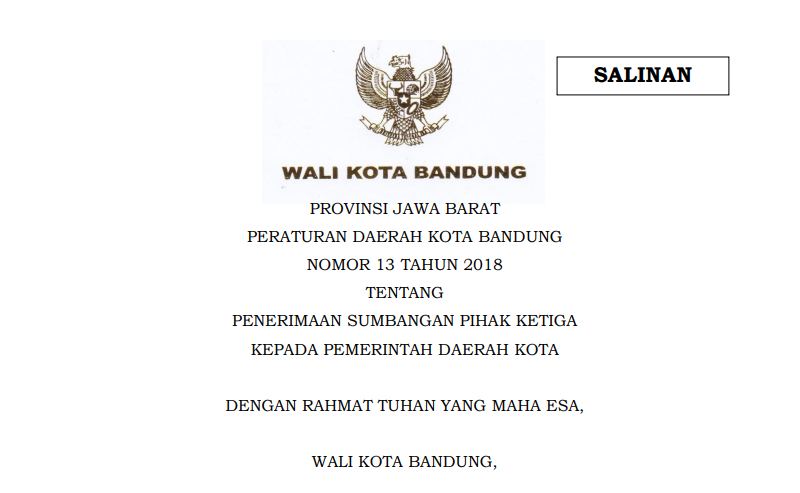 Cover Peraturan Daerah Nomor 13 tahun 2018 tentang Penerimaan Sumbangan Pihak Ketiga kepada Pemerintah Daerah Kota Bandung