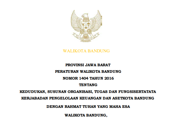 Cover Peraturan Wali Kota Bandung Nomor 1404 Tahun 2016 tentang Kedudukan, Susunan Organisasi, Tugas dan Fungsi serta Tata Kerja Badan Pengelolaan Keuangan dan Aset Kota Bandung