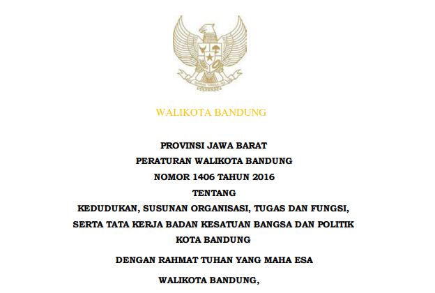 Cover Peraturan Wali Kota Bandung Nomor 1406 Tahun 2016 tentang Kedudukan, Susunan Organisasi, Tugas dan Fungsi, serta Tata Kerja Badan Kesatuan Bangsa dan Politik Kota Bandung