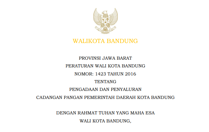 Cover Peraturan Wali Kota Bandung Nomor 1423 Tahun 2016 tentang Pengadaan dan Penyaluran Cadangan Pangan Pemerintah Daerah Kota Bandung