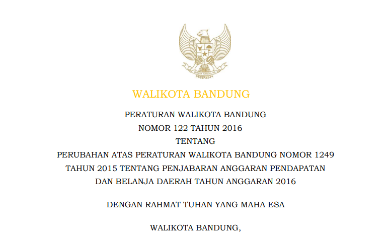 Cover Peraturan Wali Kota Bandung Nomor 122 Tahun 2016 tentang Perubahan Atas Peraturan Wali Kota Bandung Nomor 1249 Tahun 2015 tentang Penjabaran Anggaran Pendapatan dan Belanja Daerah Tahun Anggaran 2016