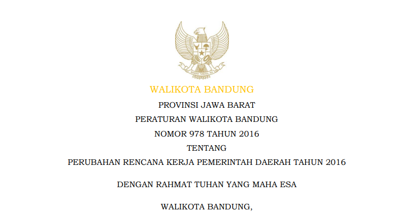 Cover Peraturan Wali Kota Bandung Nomor 978 Tahun 2016 tentang Perubahan Rencana Kerja Pemerintah Daerah Tahun 2016