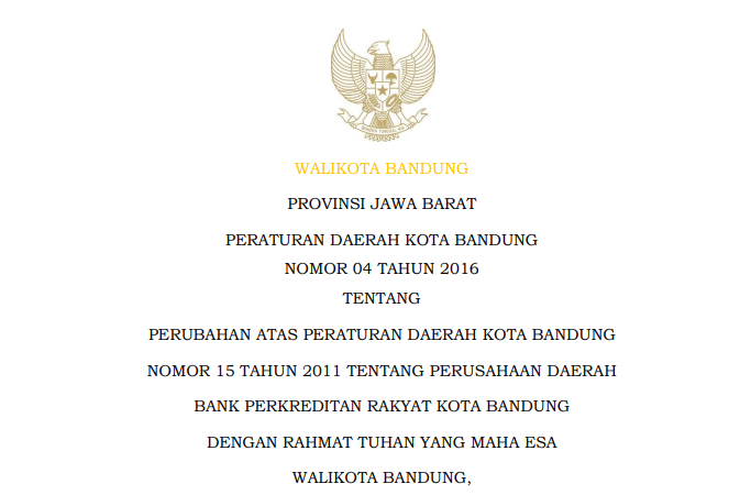 Cover Peraturan Daerah Kota Bandung Nomor 4 Tahun 2016 tentang Perubahan Atas Peraturan Daerah Kota Bandung Nomor 15 Tahun 2011 tentang Perusahaan Daerah Bank Perkreditan Rakyat Kota Bandung