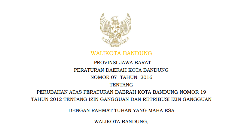 Cover Peraturan Daerah Kota Bandung Nomor 7 Tahun 2016 tentang Perubahan Atas Peraturan Daerah Kota Bandung Nomor 19 Tahun 2012 tentang Izin Gangguan dan Retribusi Izin Gangguan