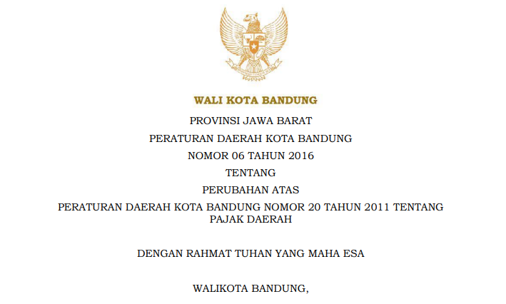 Cover Peraturan Daerah Kota Bandung Nomor 6 Tahun 2016 tentang Perubahan Atas  Peraturan Daerah Kota Bandung Nomor 20 Tahun 2011 tentang Pajak Daerah