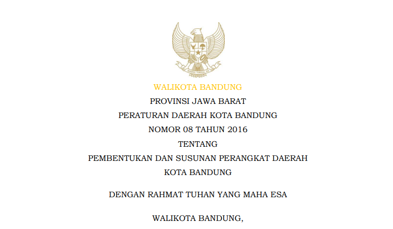 Cover Peraturan Daerah Kota Bandung Nomor 8 Tahun 2016 tentang Pembentukan dan Susunan Perangkat Daerah Kota Bandung