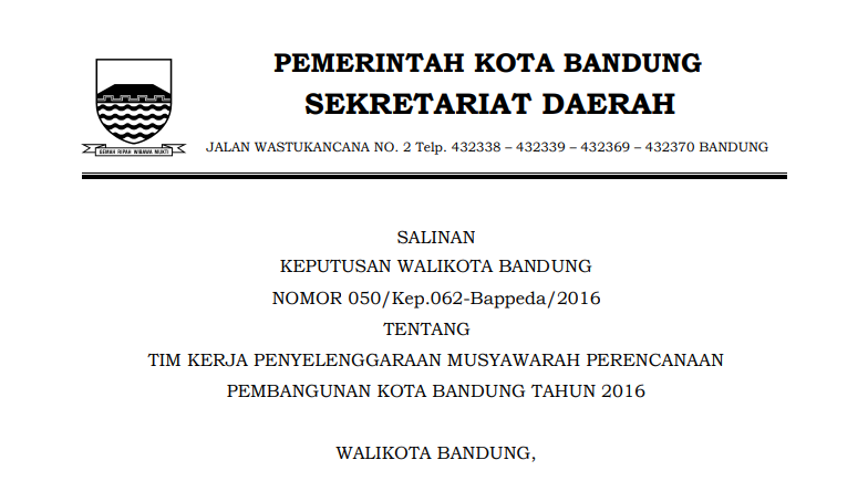 Cover Keputusan Wali Kota Bandung Nomor 050/Kep.062-Bappeda/2016 tentang Tim Kerja Penyelenggaraan Musyawarah Perencanaan Pembangunan Kota Bandung Tahun 2016