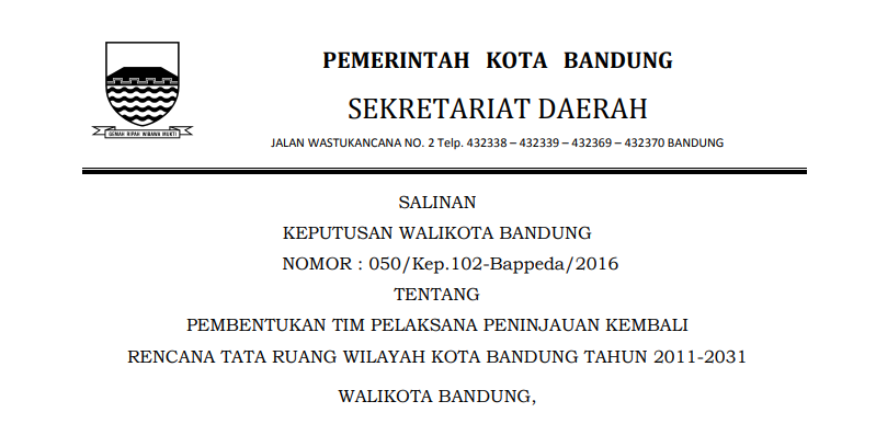 Cover Keputusan Wali Kota Bandung Nomor 050/Kep.102-Bappeda/2016 tentang Pembentukan Tim Pelaksanaan Peninjauan Kembali Rencana Tata Ruang Wilayah Kota Bandung Tahun 2011-2031.