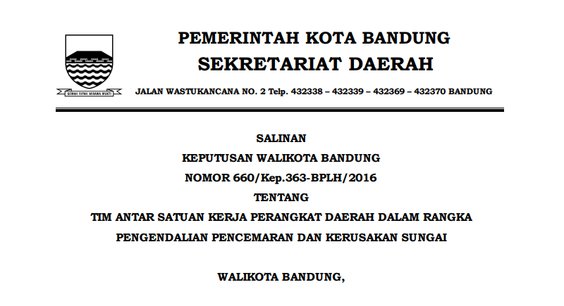 Cover Keputusan Wali Kota Bandung Nomor 660/Kep.363-BPLH/2016 tentang Tim Antar Satuan Kerja Perangkat Daerah dalam rangka Pengendalian Pencemaran dan Kerusakan Sungai