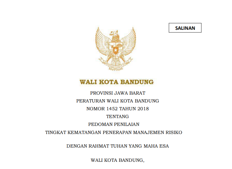 Cover Peraturan Wali Kota Bandung Nomor 1452 Tahun 2018 tentang Pedoman Penilaian Tingkat Kematangan Penerapan Manajemen Risiko