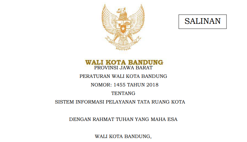 Cover Peraturan Wali Kota Bandung Nomor 1455 tahun 2018 tentang Sistem Informasi Pelayanan Tata Ruang Kota