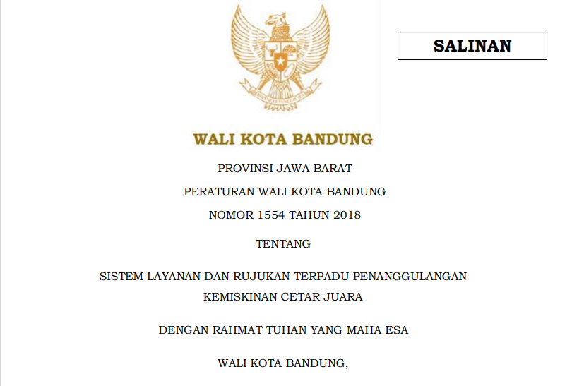 Cover Peraturan Wali Kota Bandung Nomor 1554 Tahun 2018 tentang Sistem Layanan dan Rujukan Terpadu Penanggulangan Kemiskinan Cetar Juara