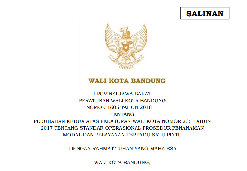 Cover Peraturan Wali Kota Bandung Nomor 1605 Tahun 2018 tentang Perubahan Kedua Atas Peraturan Wali Kota Nomor 235 Tahun 2017 tentang Standar Operasional Prosedur Penanaman Modal dan Pelayanan Terpadu Satu Pintu