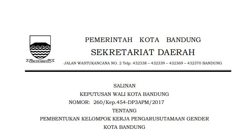 Cover Keputusan Wali Kota Bandung Nomor 260/Kep.454-DP3APM/2017 tentang Pembentukan Kelompok Kerja Pengarustamaan Gender Kota Bandung